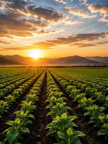 Sunrise over rows of crops in a farm field